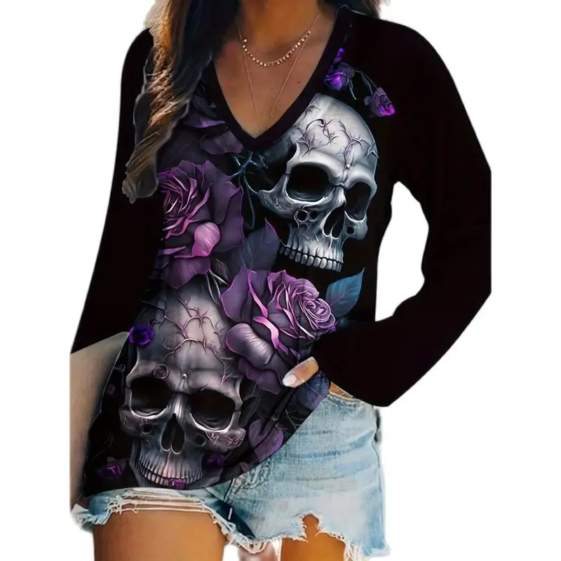 Damska koszulka Plus Size Skeleton & Floral Print Casualowy top z długim rękawem i dekoltem w szpic na wiosnę i jesień Odzież na dzień wszystkich świętych — zdjęcie 2