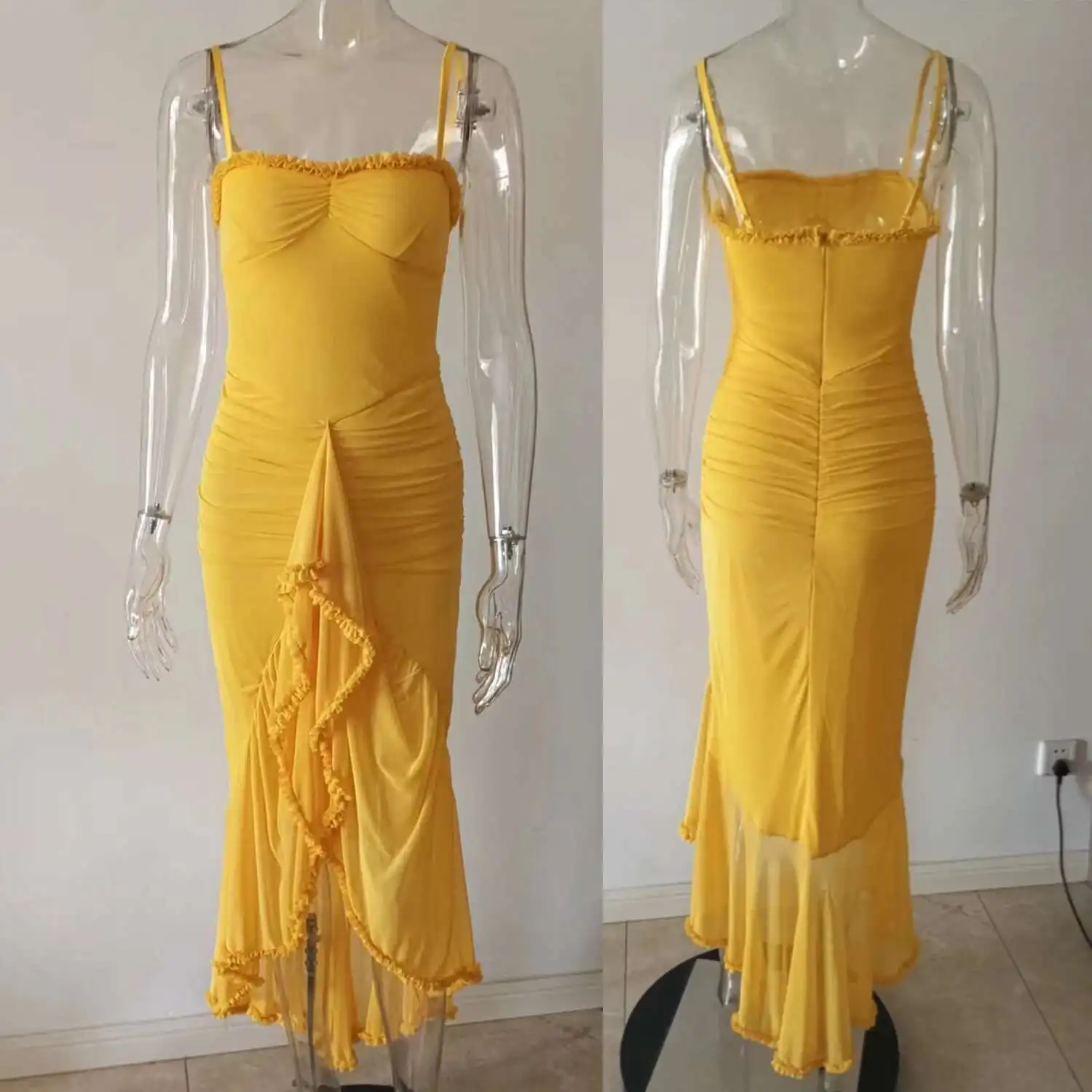 Sexy Evening Club Party Dresses 2025 Summer Mesh Ruffle Long Dress Spaghetti Strap Backless Irregular Ruched Bodycon Robe