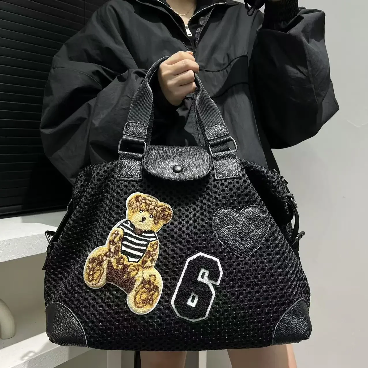 Ladies' Fashion Mesh Splicing Casual Handbag with Multiple Pockets, Small Bear Patch, Single Shoulder Diagonal Cross Bag