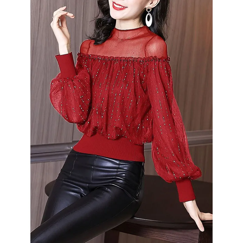 Elegant Beading Bright Silk Spliced Gauze T-Shirt Women\'s Clothing 2023 Autumn Winter Loose Korean Tops Lantern Sleeve Tee Shirt