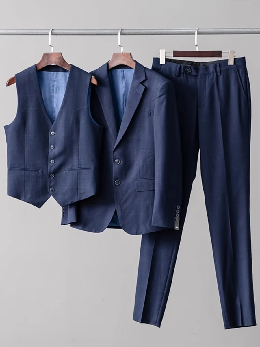 

Three-Piece Set Luxury Silk Business Suit Woolen Pants Vest Combo Fashionable Urban Style Standard Fit Two Button Flat Collar
