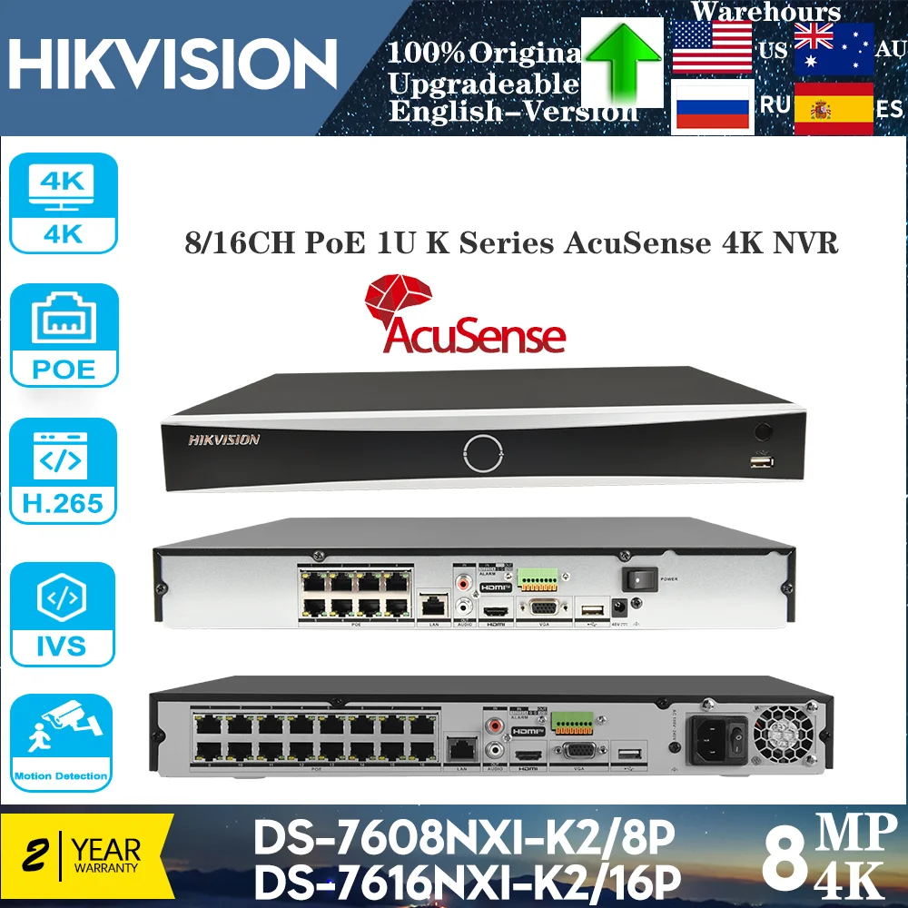 

Hikvision 4K 8MP NVR 8-CH 8 POE DS-7608NXI-K2/8P 16-CH 16 POE DS-7616NXI-K2/16P Ports Facial Recognition Network Video Recorder