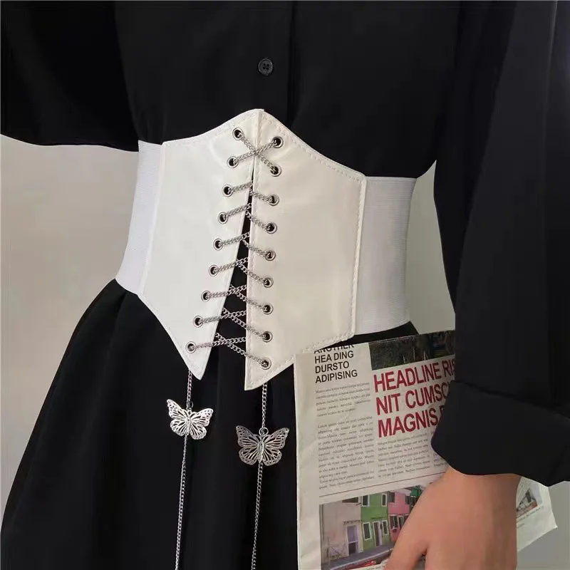 Butterfly Chain Corset Wide Belts Faux Leather Slimming Body Shaping Girdle Belt Women Elastic Tight High Waist for Daily Wear