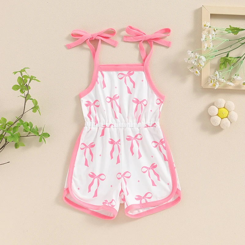 Little Girl Overalls Bow Print Square Neck Tie-Up Spaghetti Strap Shorts Jumpsuit Toddler Sleeveless Romper for Summer