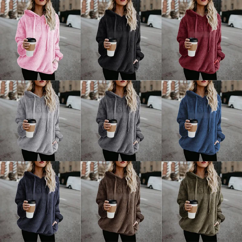 Autumn Winter Hoodies Long Sleeve Warm Coat Pullover Sweatshirt Plush Turtleneck Zipper Neck Women Fluffy Loose Hooded Outerwear