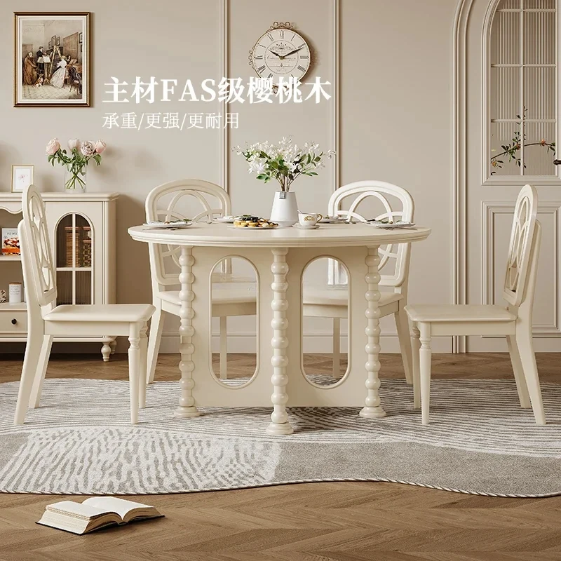 French Cream Style All Solid Wood Round Dining Table Simple Restaurant White Dining Table