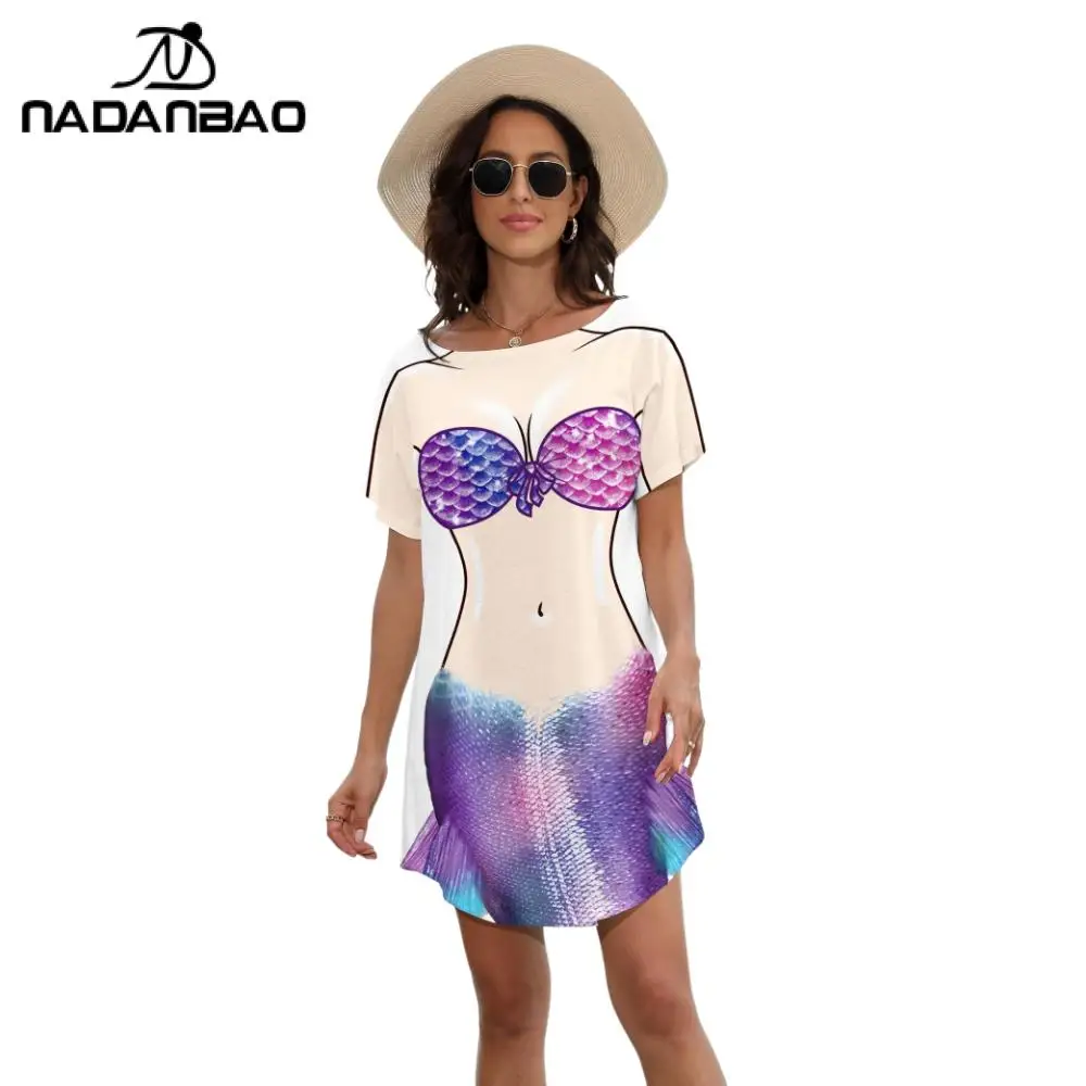 Nadanbao ผู้หญิง Mermaid บิกินี่รูปแบบเสื้อยืดฤดูร้อนบิกินี่ COVER UP ชุดแขนสั้น Baggy เสื้อแฟชั่นชุดว่ายน้ํา