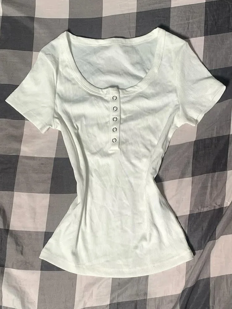 

Original Y2K Sexy Pure Desire White T-irt Summer Design Slimming Top for Women Casual Sle ort Sve Cotton Blend