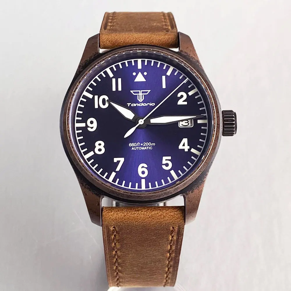 Tandorio nuevo 39mm Número árabe Dial piloto cristal de zafiro 200m impermeable Japón TMI NH35A reloj automático reloj hombre