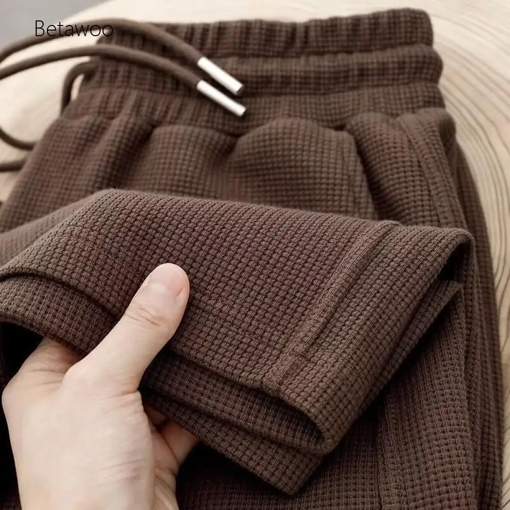 Waffle Knit Casual Pants for Men Solid Brown Elastic Waist Drawstring Trousers