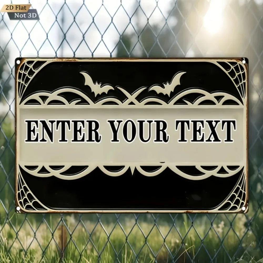 1pc 2D Flat Custom Gothic Halloween Tin Sign 8x12Inch 20.32x30.48cm, Bat & Spiderweb Design With Custom‑Text Wall Plaque, Holida