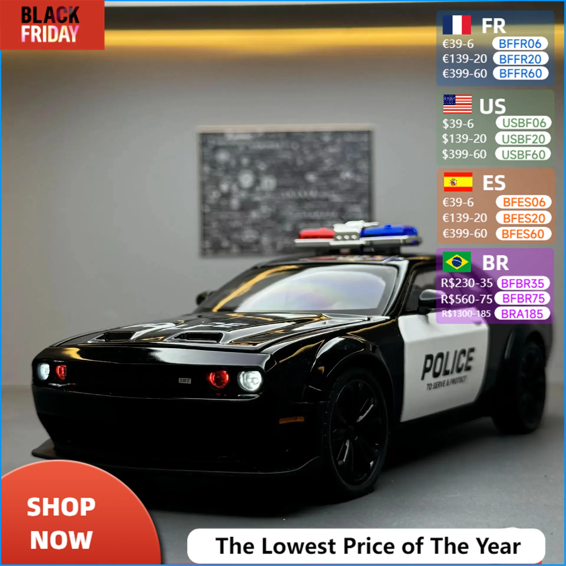 1:22 Dodge Challenger Redeye Hellcat Police Alloy Sports Car Diecast Model Sound & Light Toy Collect Display Ornament Presents