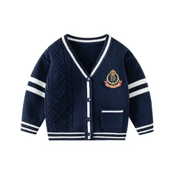 UNITIM Autumn Baby Boys Sweater Stretch Striped Badge College Style Children Boys Coat Knitted Cotton Kids Boy Outerwear