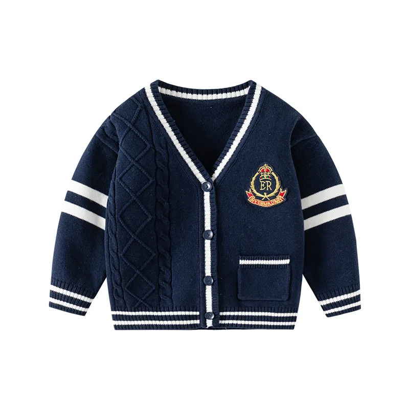 UNITIM Autumn Baby Boys Sweater Stretch Striped Badge College Style Children Boys Coat Knitted Cotton Kids Boy Outerwear