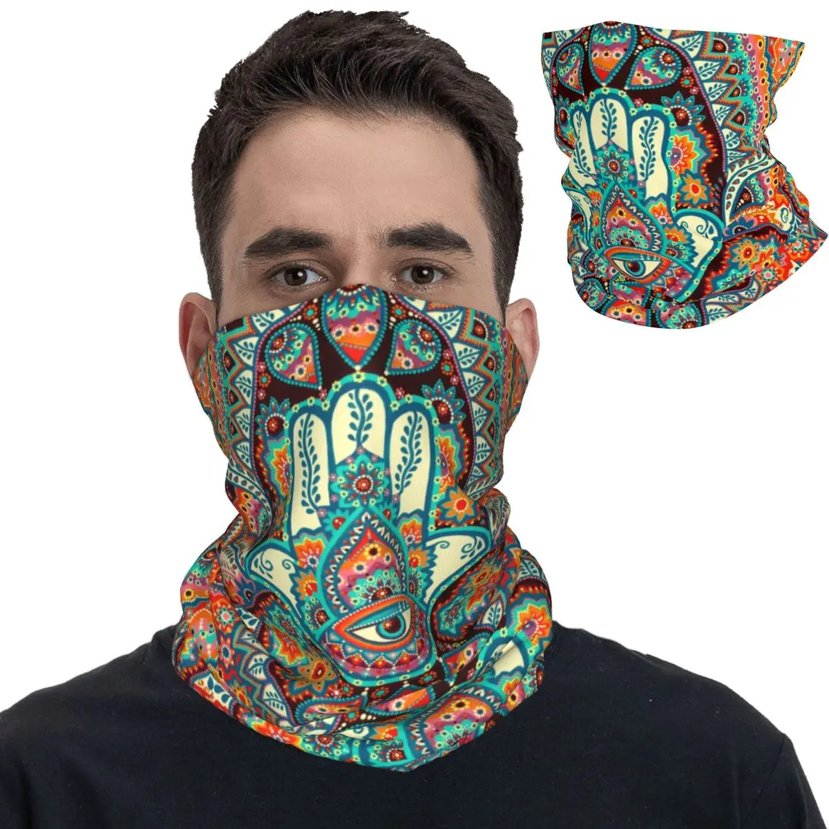 

Hamsa Hand Bohemian Bandana Neck Gaiter Hippie Mandala Paisley Boho Mask Scarf Multi-use Headband Hiking Men Women Breathable