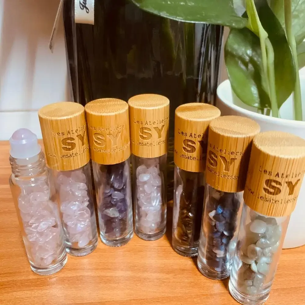 Glass Rose Quartz Crystal Stone doterra Essential Oils Massage Roller bottles Roll On Perfume bottle bamboo cap Jade ball bottle
