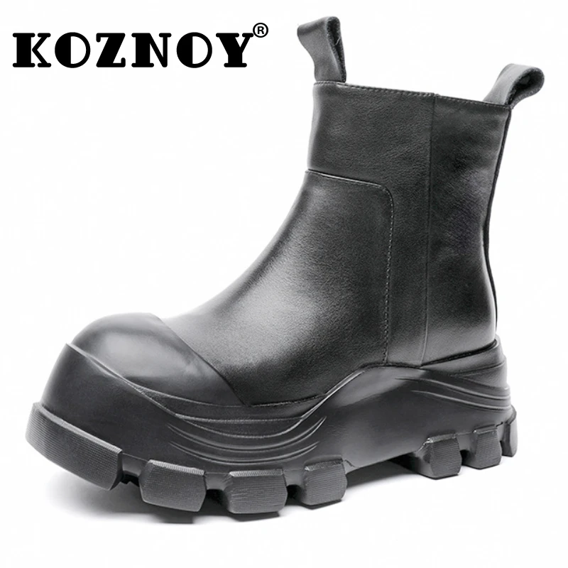 Koznoy 7cm Natural Cow Genuine Leather Platform Wedge Retro Lady Ankle Booties Autumn Spring Women Chelsea Fashon Shoes