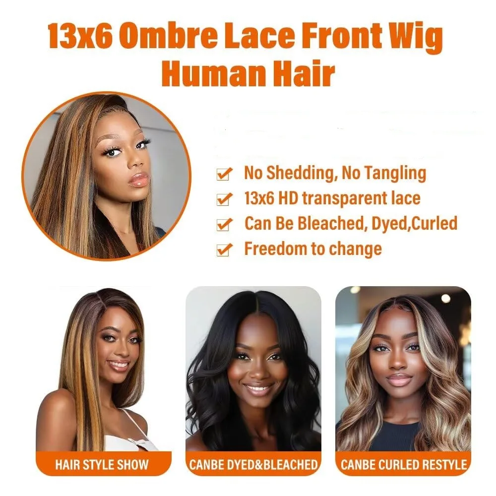 44 46 Inch 13x4 HD P4/27 Highlight Straight Lace Front Wigs Human Hair Wigs 200 Density 13x6 Transparent Full Lace Frontal Wigs