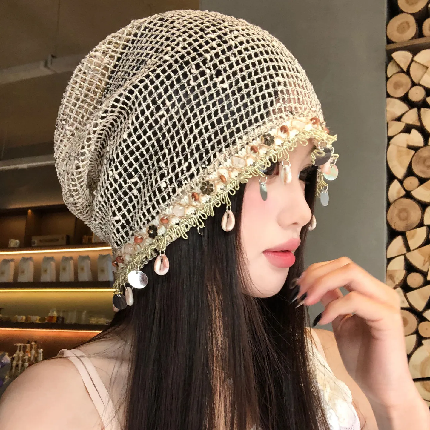 Women's Boho Shell Charm Wrap Beanie Spring Summer Lightweight Hollow Out Large Head Size Slouchy Hat