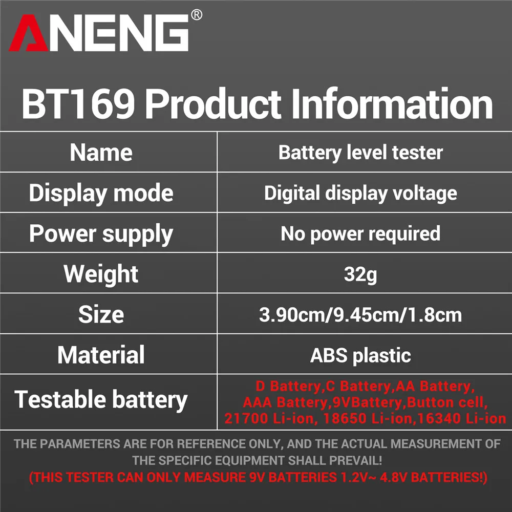 ANENG BT169 Digital Battery Testers Detector Multifunctional Quickly Measure Battery  AA/AAA/C/D/9V/1.5V Button Cell Measurement