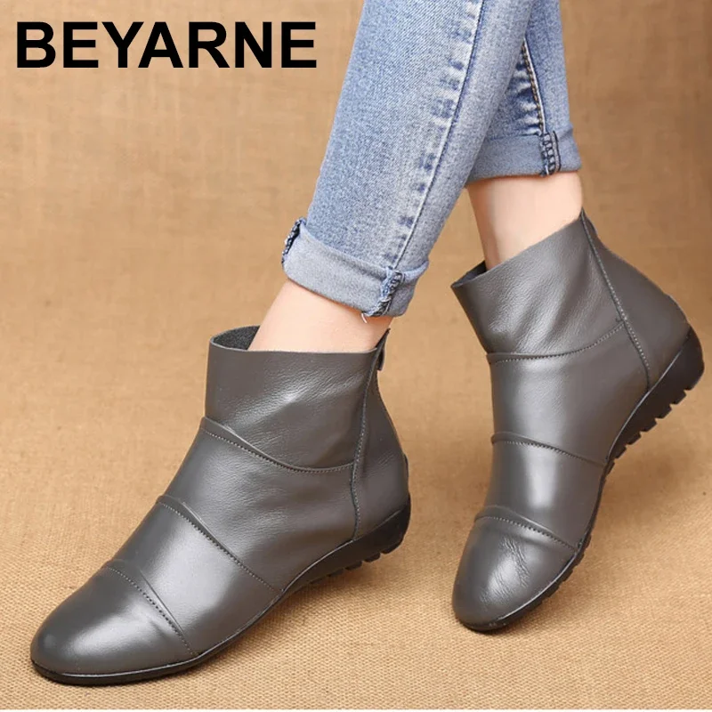 BEYARNE new arrive Genuine leather boots buckle women boots flats winter shoes ladies female autumn boots black,white,beige