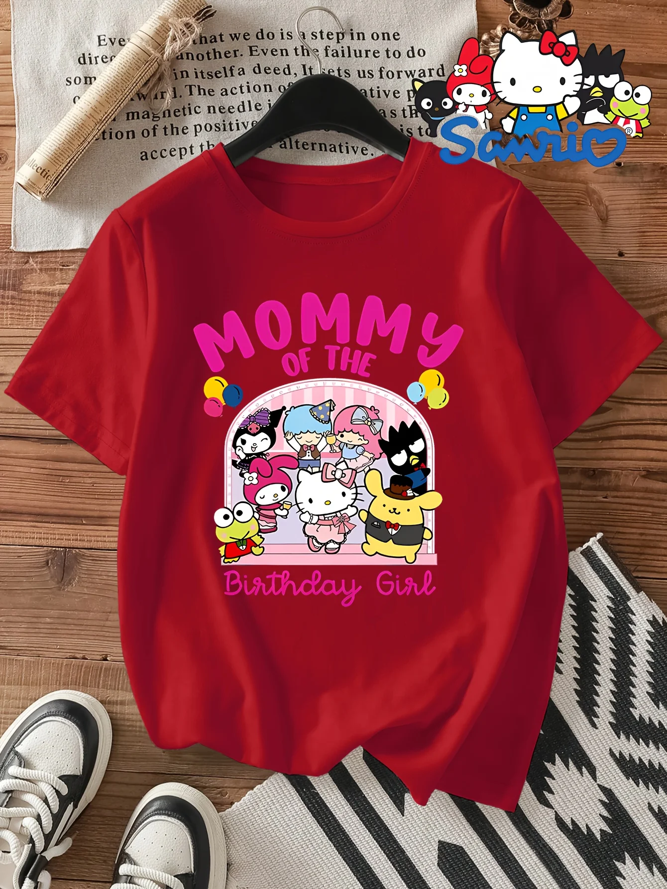 

Sanrio, Hello Kitty, Letter Gemini, Kuromi Pudding Dog Pattern Print, Round Neck Short Sleeve