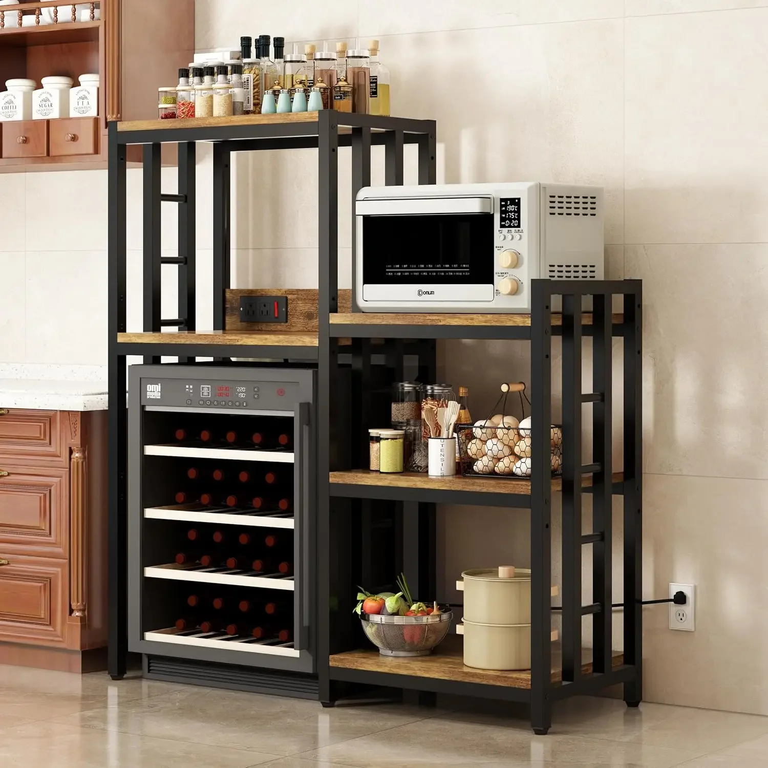6 Tier Kitchen Bakers Rack Power Outlet Microwave Stand Storage Shelf Kitchen Living Room Office Mini Fridge Stand Spices Pots P