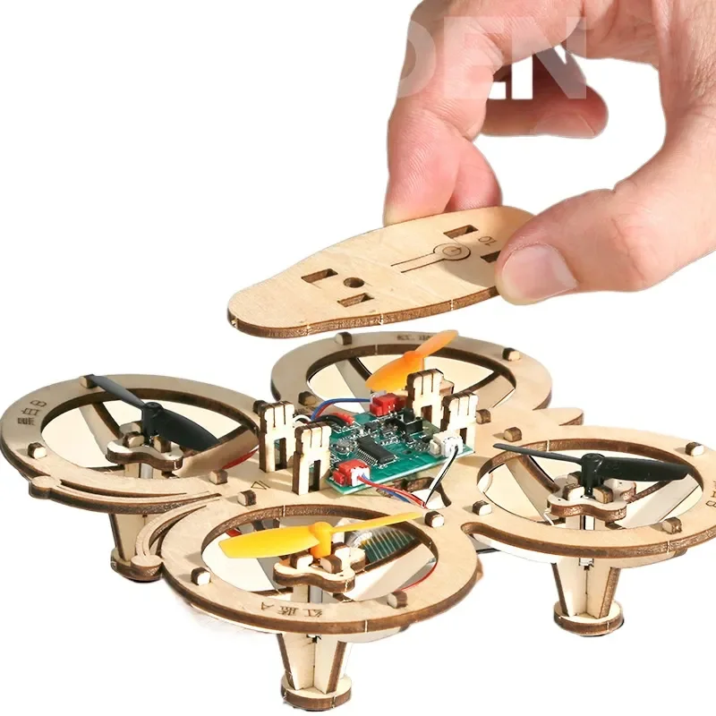 DIY Wooden Assembly Drone Kit Remote Control Quadcopter Educational STEM Science Experiment Toy for Students Compatible