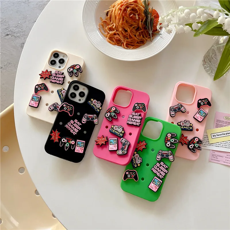 

Play Games Console DIY Clogs Holes Phone Case for iPhone 15 14 13 12 11 Pro Max Plus X X XR mini Game Over GameBoys Cover