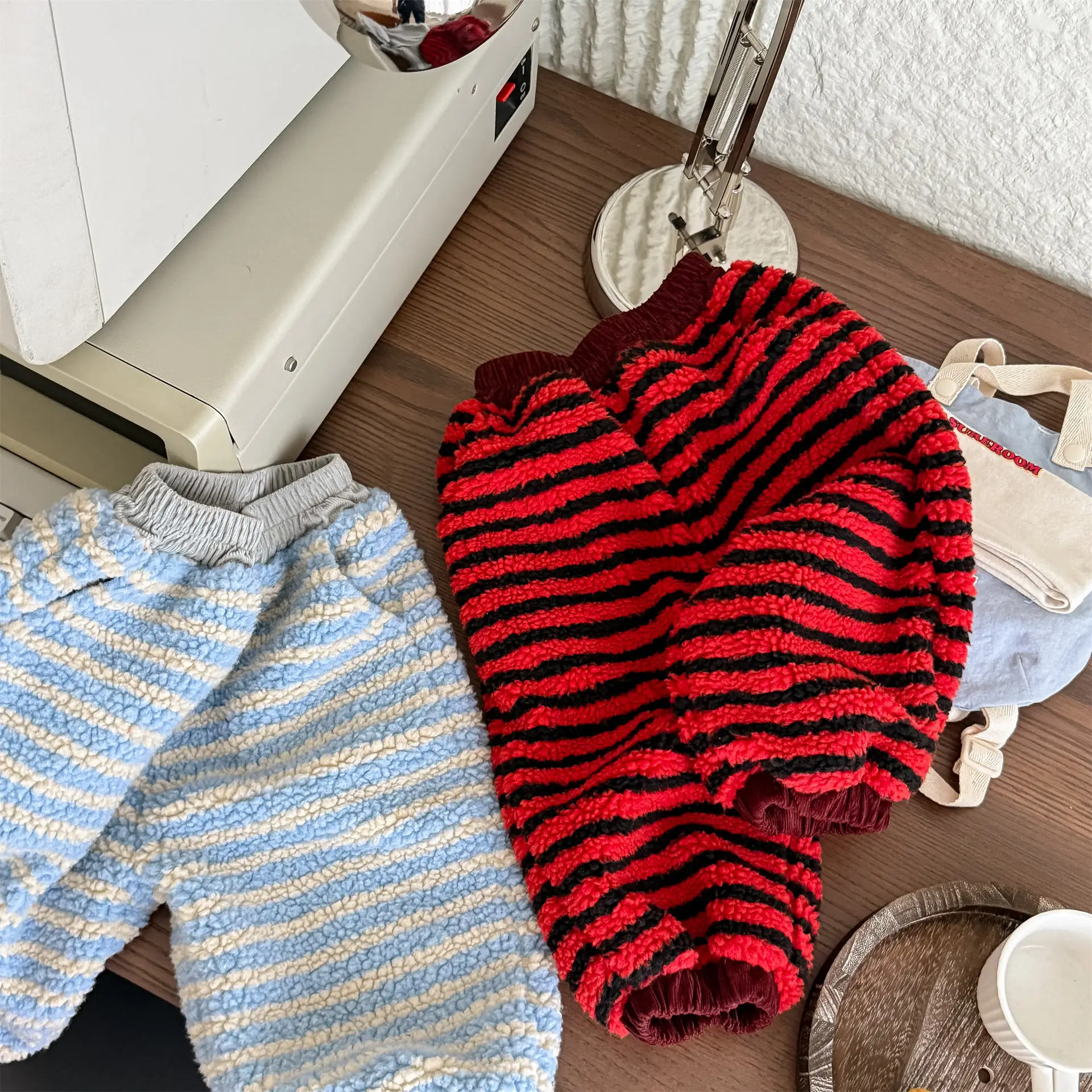 Children's Pants 2026 Winter Korean-style Lambswool Kids Fur Lining Warm Pants 1-7Y Boys Girl's Baby Striped Warm Pant Trousers