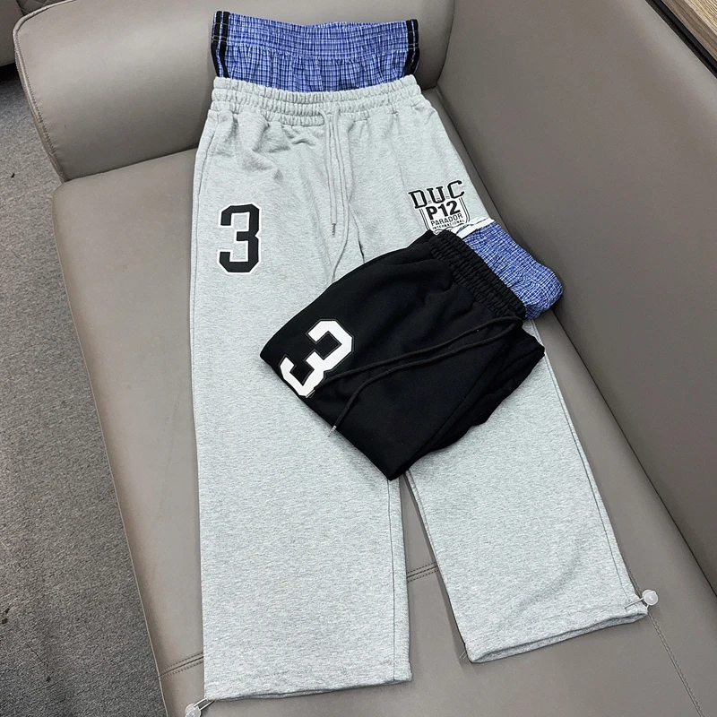 

Вышивка Цифра 3, искусственные двойные брюки в клетку с двойной талией, свободные широкие брюки для мужчин и женщин, высококачественные зауженные брюки на шнурке