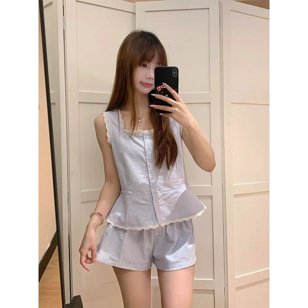 夏快適なストライプフリル襟ベストショーツパジャマ女性大きいサイズ新しいホーム服ショートパンツ通気性 1