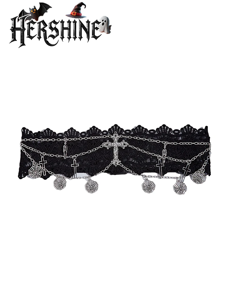 HERSHINE Women's Black Lace Sexy Elastic Wide Waist Belt, with cross chain decoration, Y2K Gothic Harajuku style，spring，summer