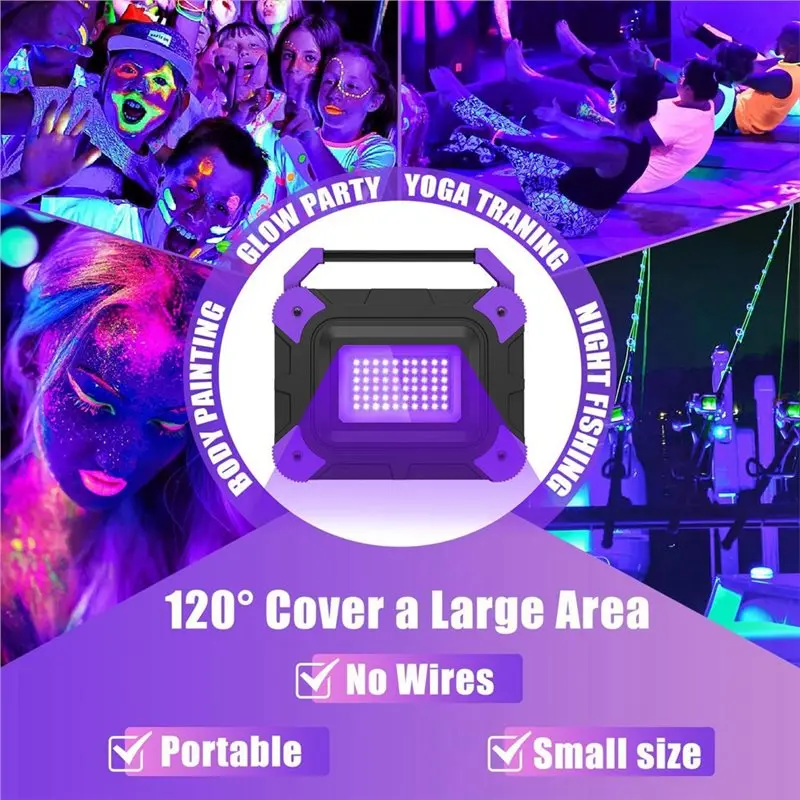A69ECordless Rechargeable Black Light Ultra Violet Flood Light For Glow Party Fishing Outdoor 2PCS
