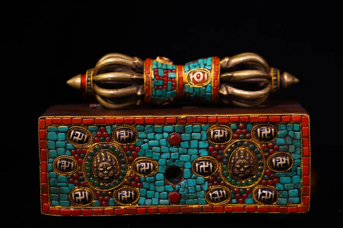 Bronze Mosaic Gem gZi Beads Turquoise Nine Shares Vajra Amulet Painted Bodhi Root Box Worship Hall Town house