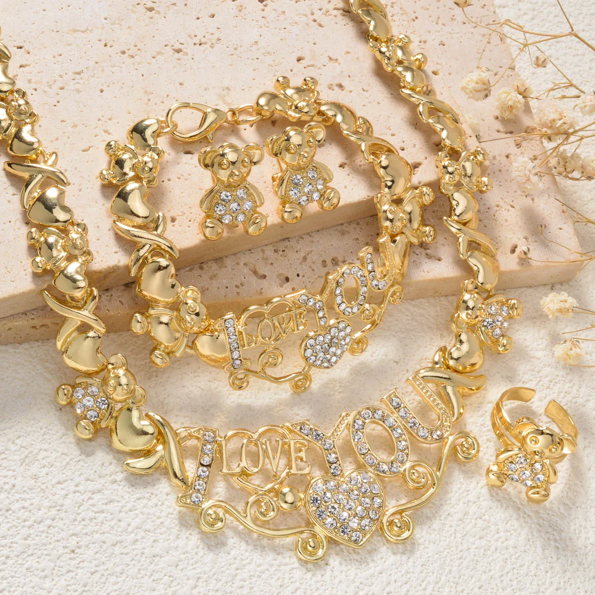 4Pcs I Love You Jewelry Set Necklace Bracelet Earrings Ring with Bear for Women Cute Couple Gift Wedding Anniversary Present