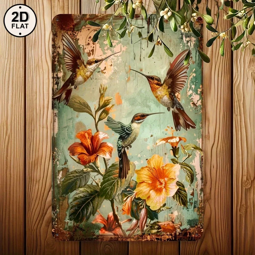 Vintage Bird and Floral Metal Wall Art – Rustic Botanical Tin Sign for Home, Cafe, Porch or Garden Decor, 8x12 Inch Plaque