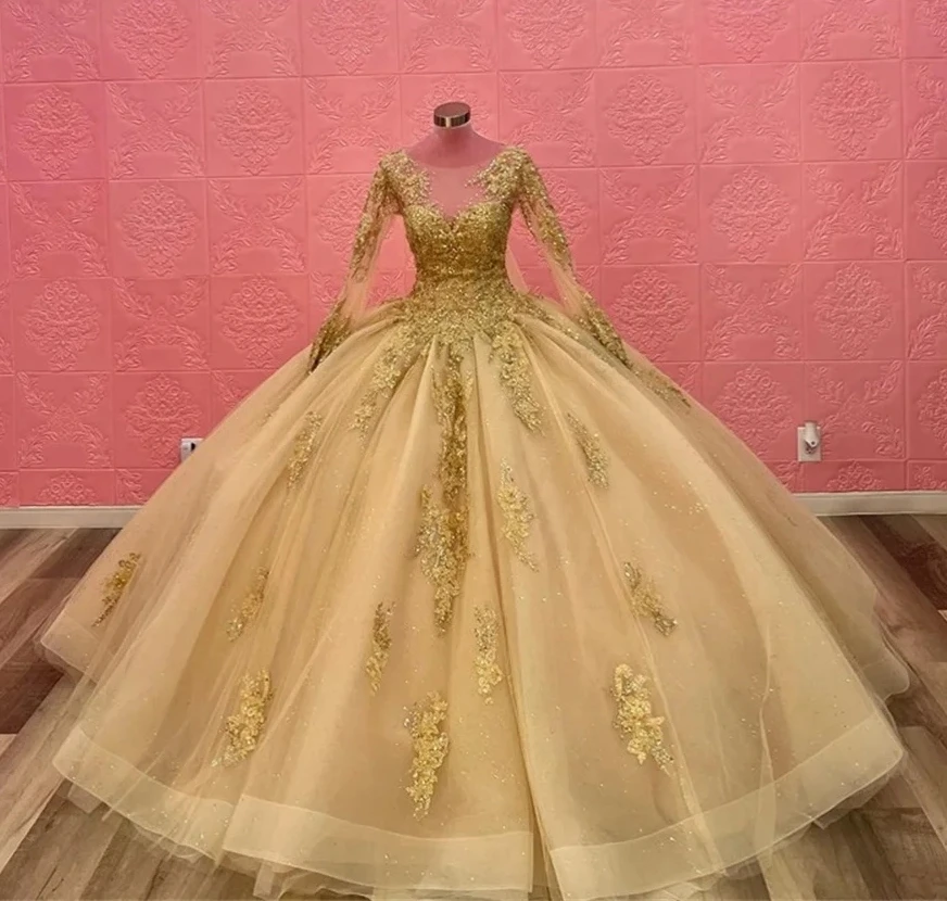 

Champagne Charro Quinceanera Dresses Ball Gown Long Sleeves Tulle Appliques Mexican Sweet 16 Dresses 15 Anos