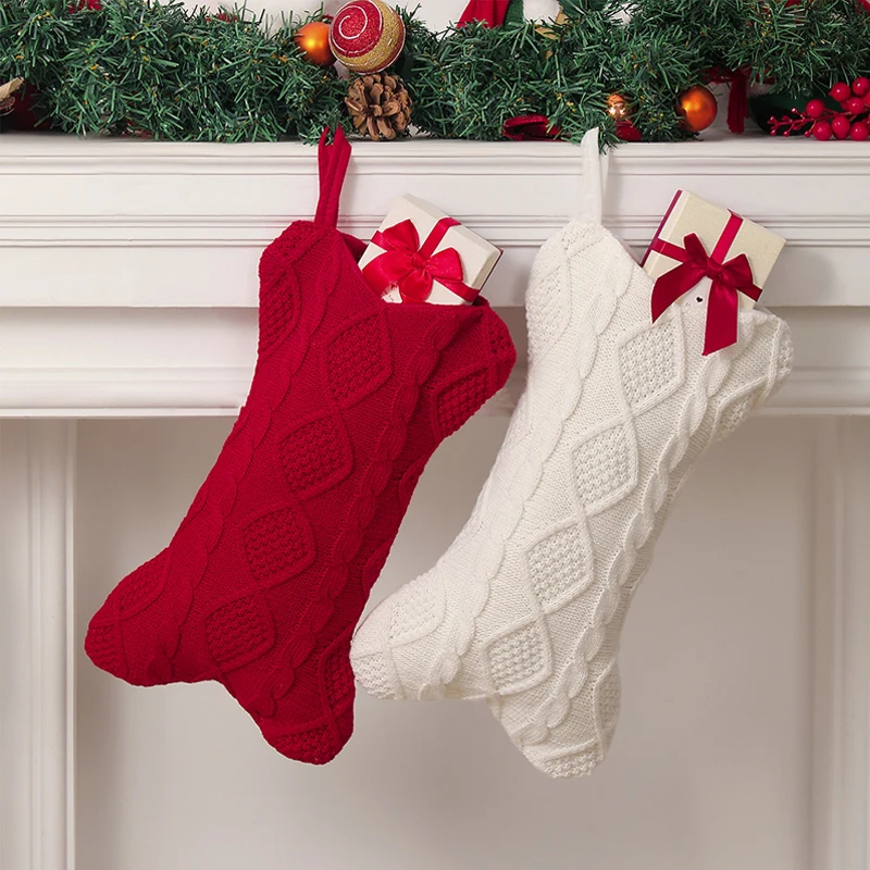 

Knit White Christmas Stocking Bone Shape Dog Stocking Large Pet Stockings Christmas Gift Packaging Bag Festive Decoration