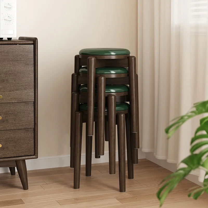 Stackable Solid Wood Round Stools Minimalist Kitchen Seat Upholstered Dining Chair for Living Room Space Saving Guest Stool