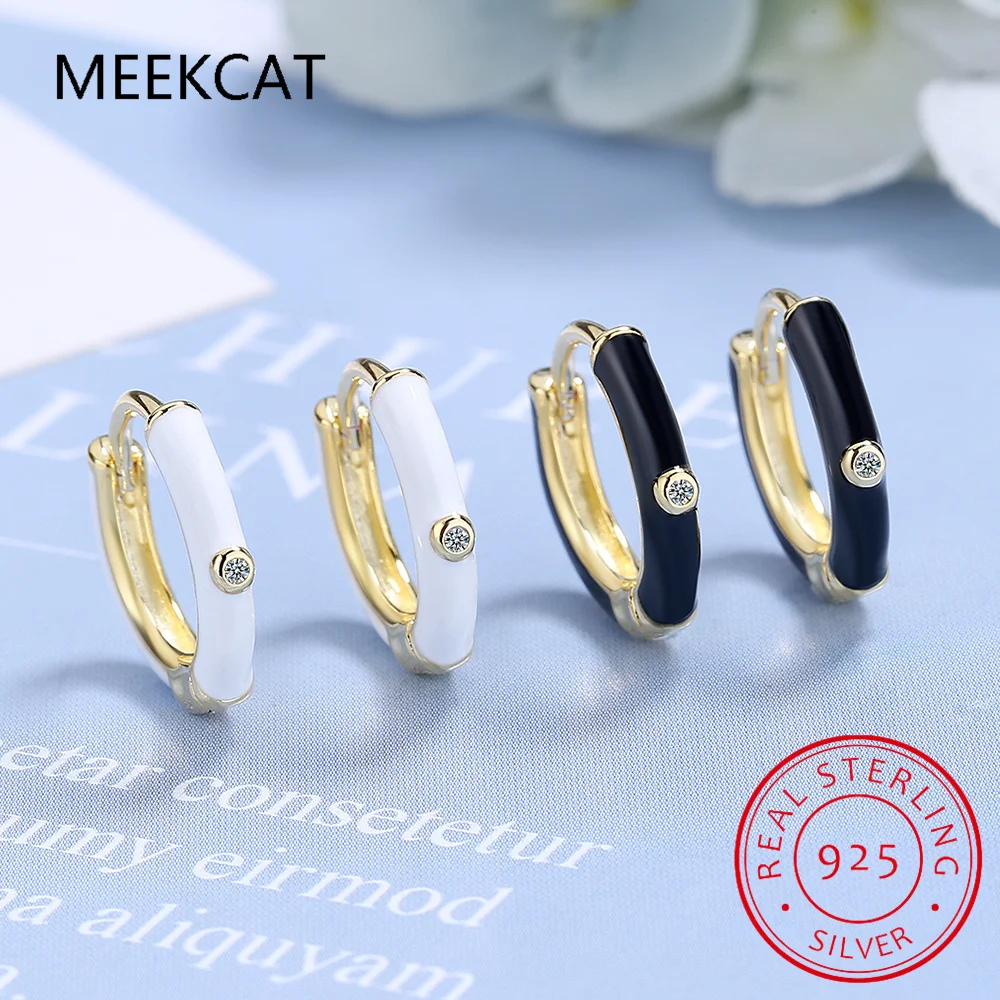 

925 Sterling Silver Vintage Black/White Enamel Crystal Hoop Earrings For Women Girls Wedding Engagement Fine Jewelry Huggies