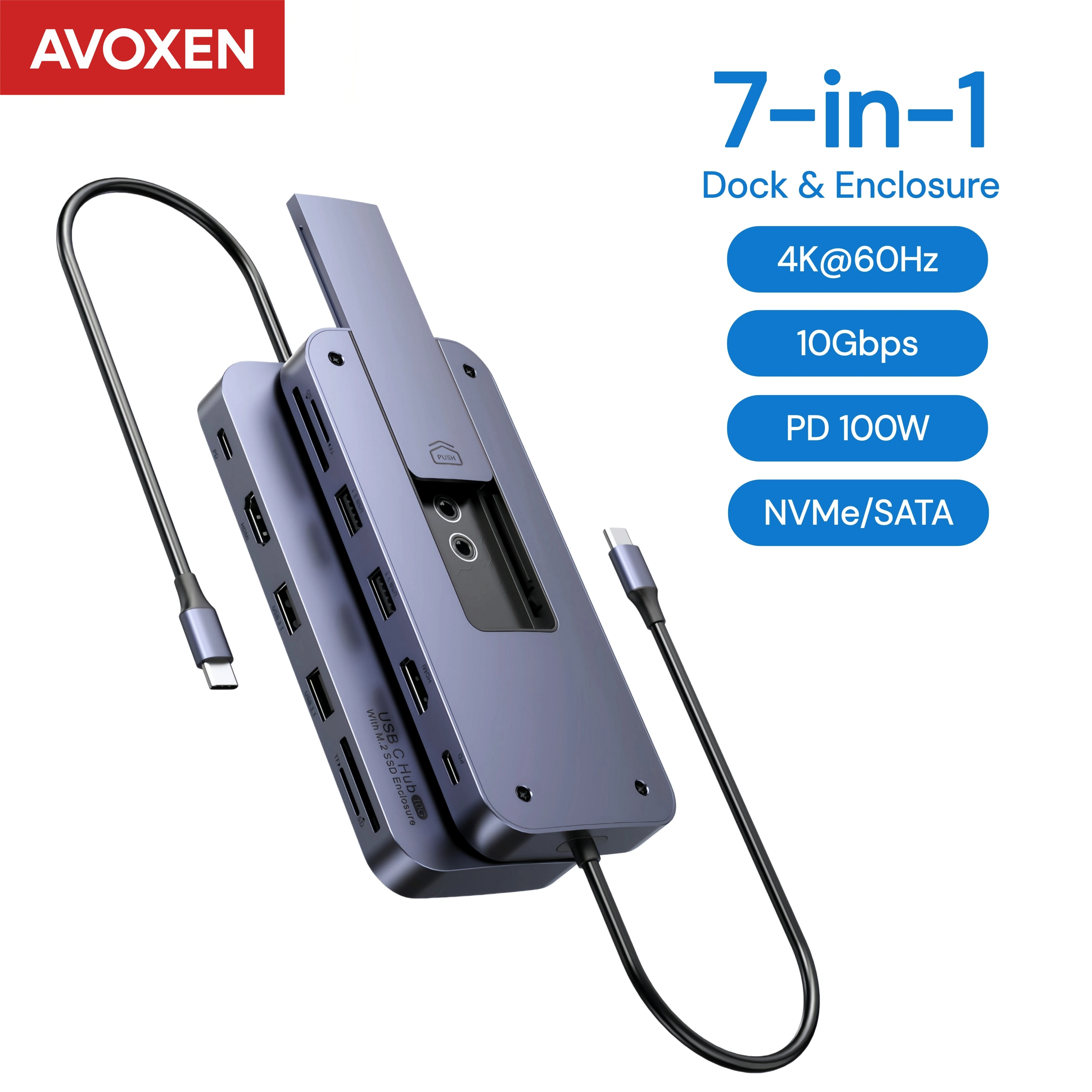 USB C Hub with M.2 NVMe SATA SSD Enclosure HDMI 4K 60Hz 10Gbps PD 100W Card Reader Docking Station Multiport Adapter for MacBook