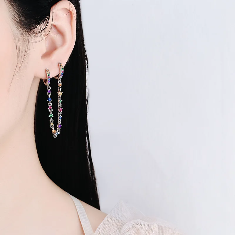 Garnet Amethyst Citrine Blue Topaz 925 Sterling Silver Tassel Chain Hoop Earring Double Ear Buckle Colorful Gemstone Jewelry