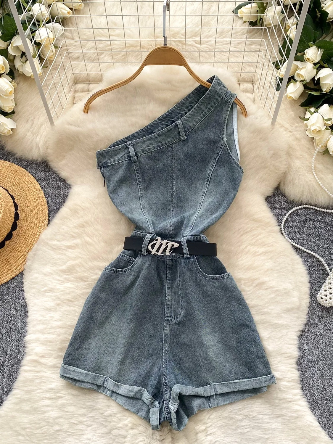 

Retro Hot Girl Sle Denim Jumpsuit Women's Summer Waist Cinching Distred Oblique Collar High Waist Wide Leg orts