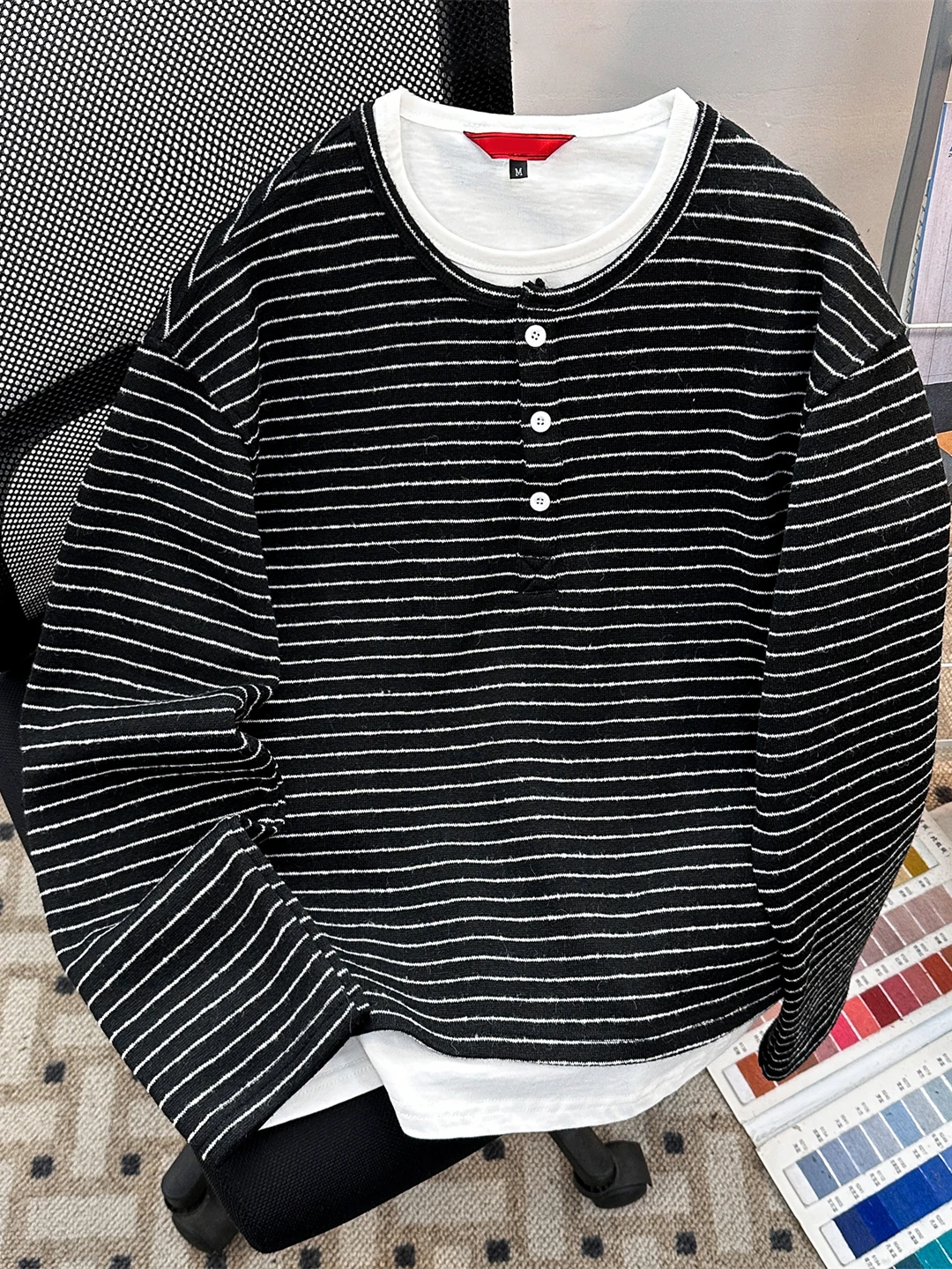 Retro Striped Men's Long Sleeve T-Shirt Casual American College Style Loose Versatile Spring Autumn Commuting Top