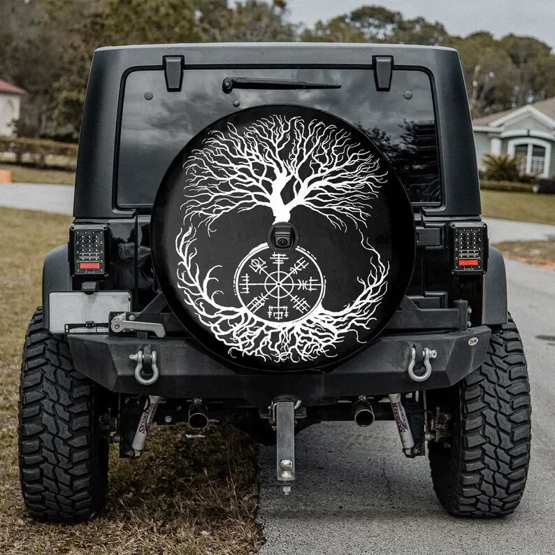 Vegvisir, Sacred Yggdrasil Tree, Ravens of Odin Viking Rune Camping Truck Tire Cover, Funny Spare Tire Cover, Father Day Gift