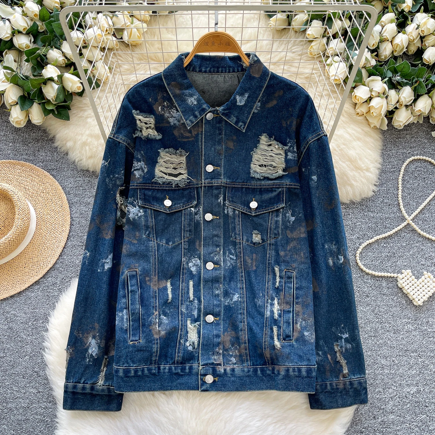 Hand-Painted Graffiti Print Frayed Hole Denim Jacket Women Gray Blue Loose Casual Lapel Long Sleeve Jeans Jacket Coat Streetwear