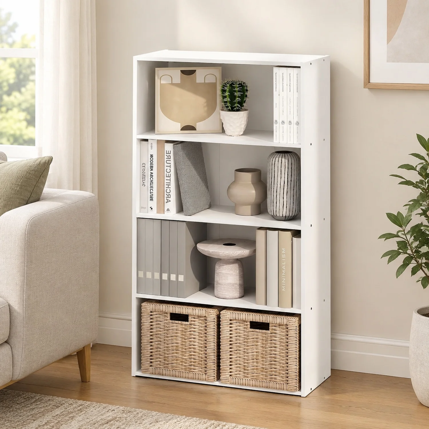Simple Book Shelf, 4-Tier Bookshelf, Bookcase with Open, 9.4 x 23.6 x 41.7, for Living Room, Bedroom, Home Office, White
