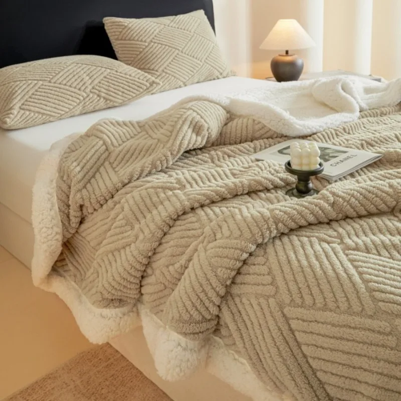 Luxury Jacquard Double Layer Lamb Wool Blanket Multi-Functional Warm Soft Cozy with Long-Lasting Heat Retention