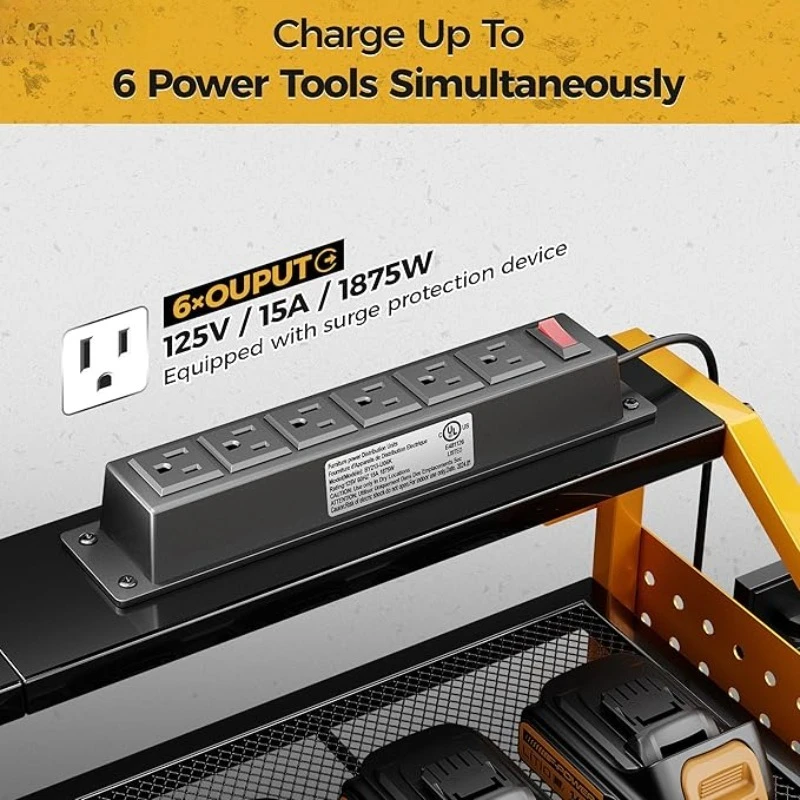 Garage 6 Drill Storage Shelf, 8 Hooks,2 Screw Boxes,6 Outlets Power Strip, Easy Install Power Tool Storage Rack.